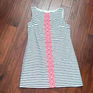 J Howard Blue & White Striped Sleeveless Dress with Pink Embroidery size16